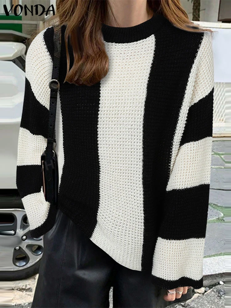 

VONDA Women Pullovers Sweaters Autumn Spring Tops Casual Striped Sweater Streetwear Flare Long Sleeve OL Work Tunic Jumpers