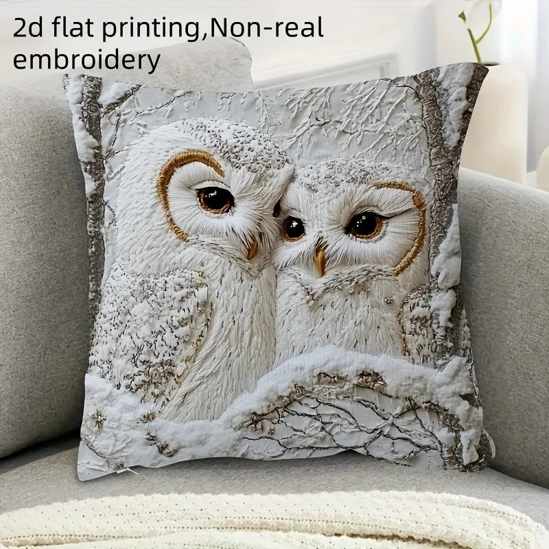 2D flat- Winter Snowy Owl Couple Throw Pillow Cover Rustic Forest Animal Square Cushion Case for Couch Bedroom Sofa Home Decor
