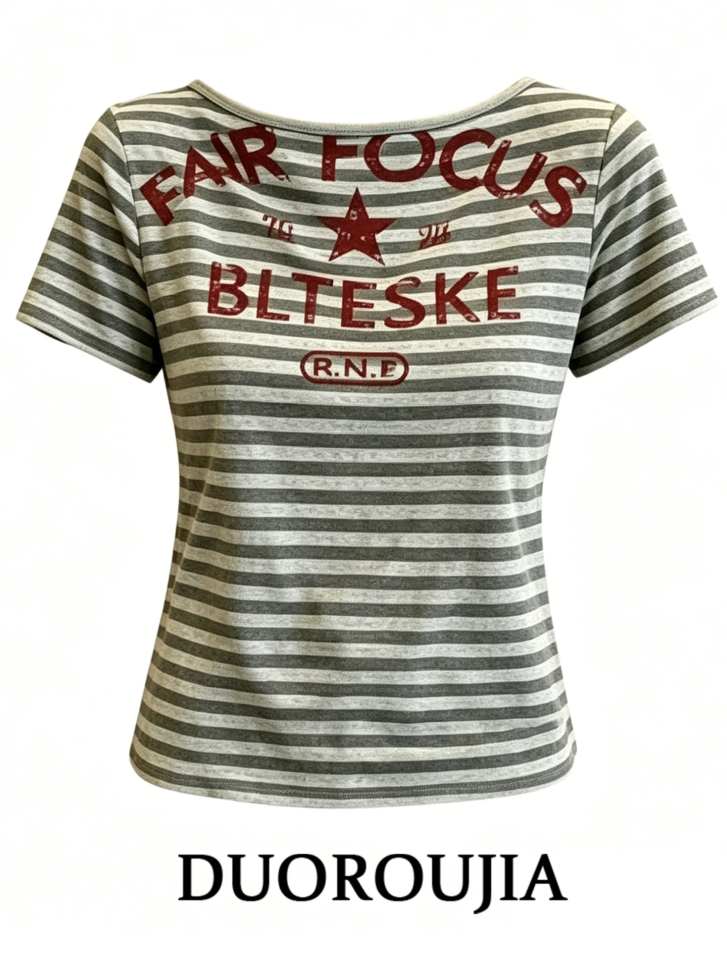 

plus Size Retro round Neck Letter Print Striped Short Sleeve T-Shirt Women Summer Slimming Unique Top Korean Style Slim Fit