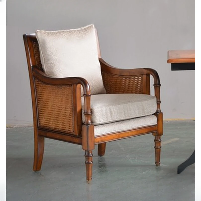 

Vintage solid wood fabric woven rattan single person balcony leisure chair photo studio homestay sofa