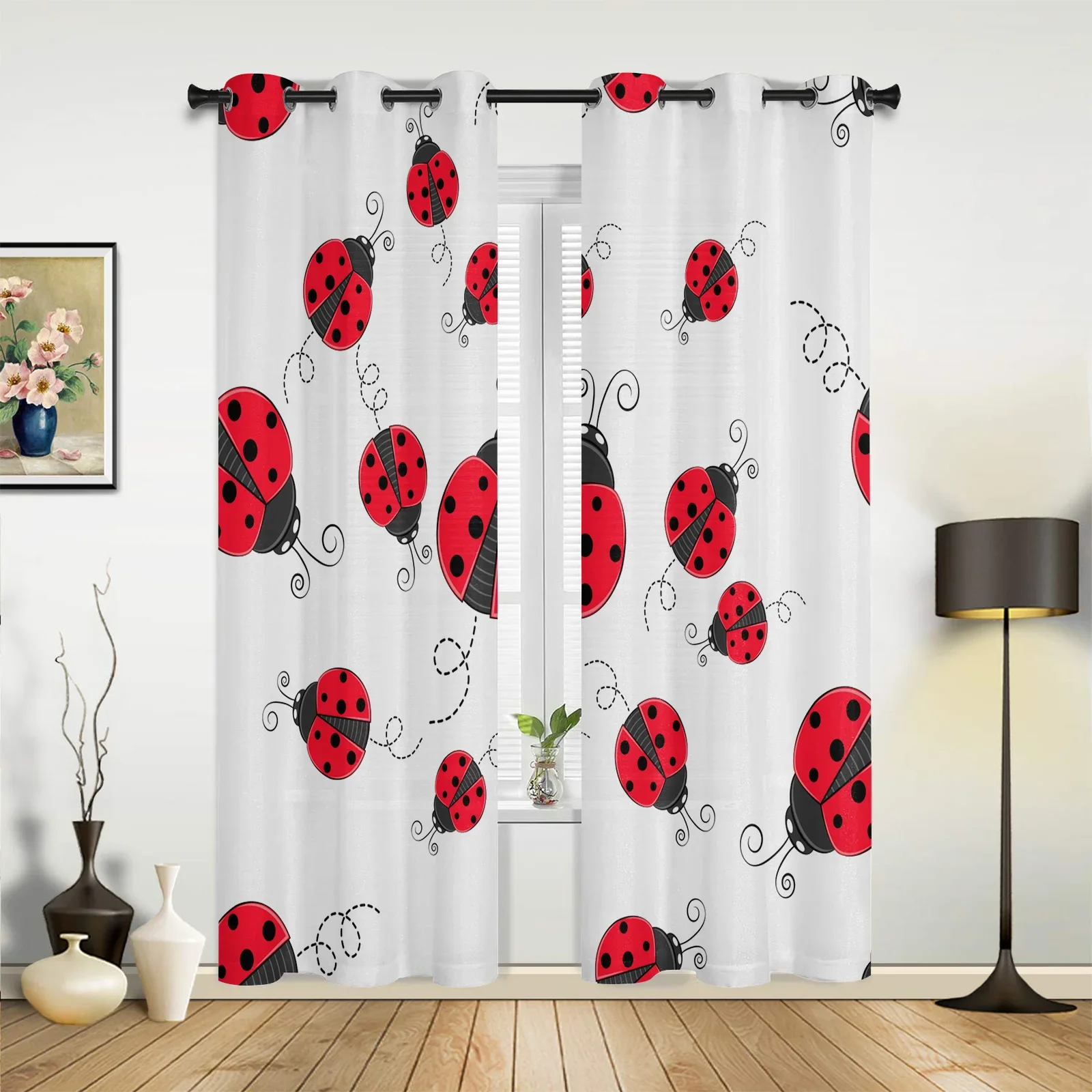 Red Ladybug Modern Hall Curtains For Living Room Kitchen Boy Girl Bedroom Long Curtain For Windows Cortinas Home Decor