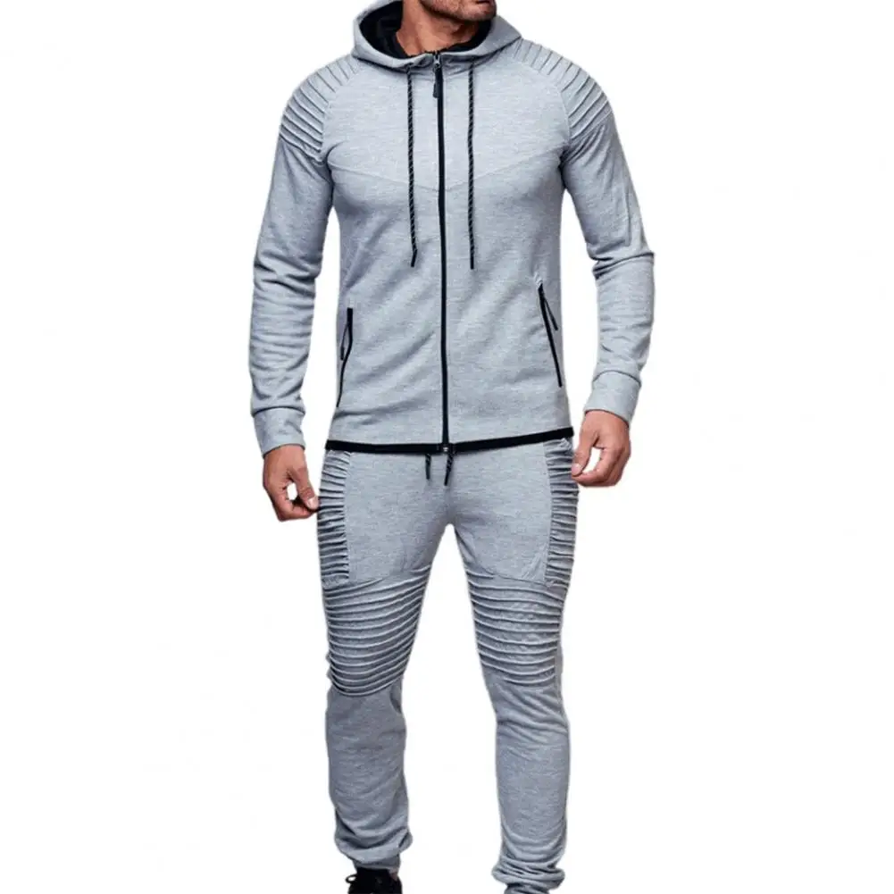 2 Pcs/Set Men Tracksuit Solid Color Hooded Pleated Simple Spring Suit for Daily Wear