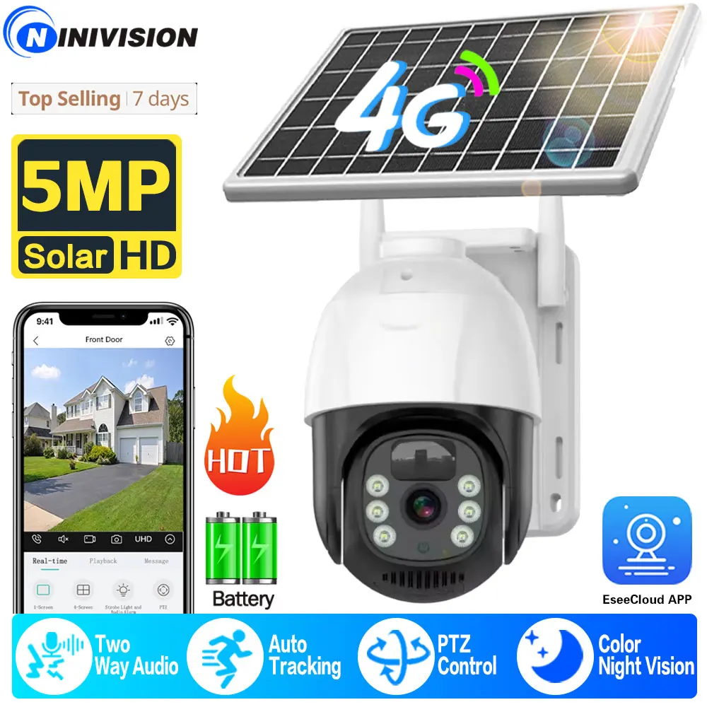 PTZ Camera Outdoor Solar IP Camera 5MP HD Built-in Battery Video Surveillance Camera Long Time Standby Solar 4G Sim Card