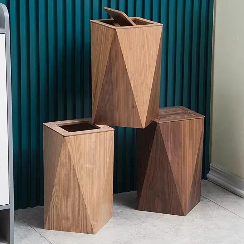 Creative Wooden Trash Bin with Cover Nordic Luxury Bathroom Trash Can Hotel and Home Waste Disposer