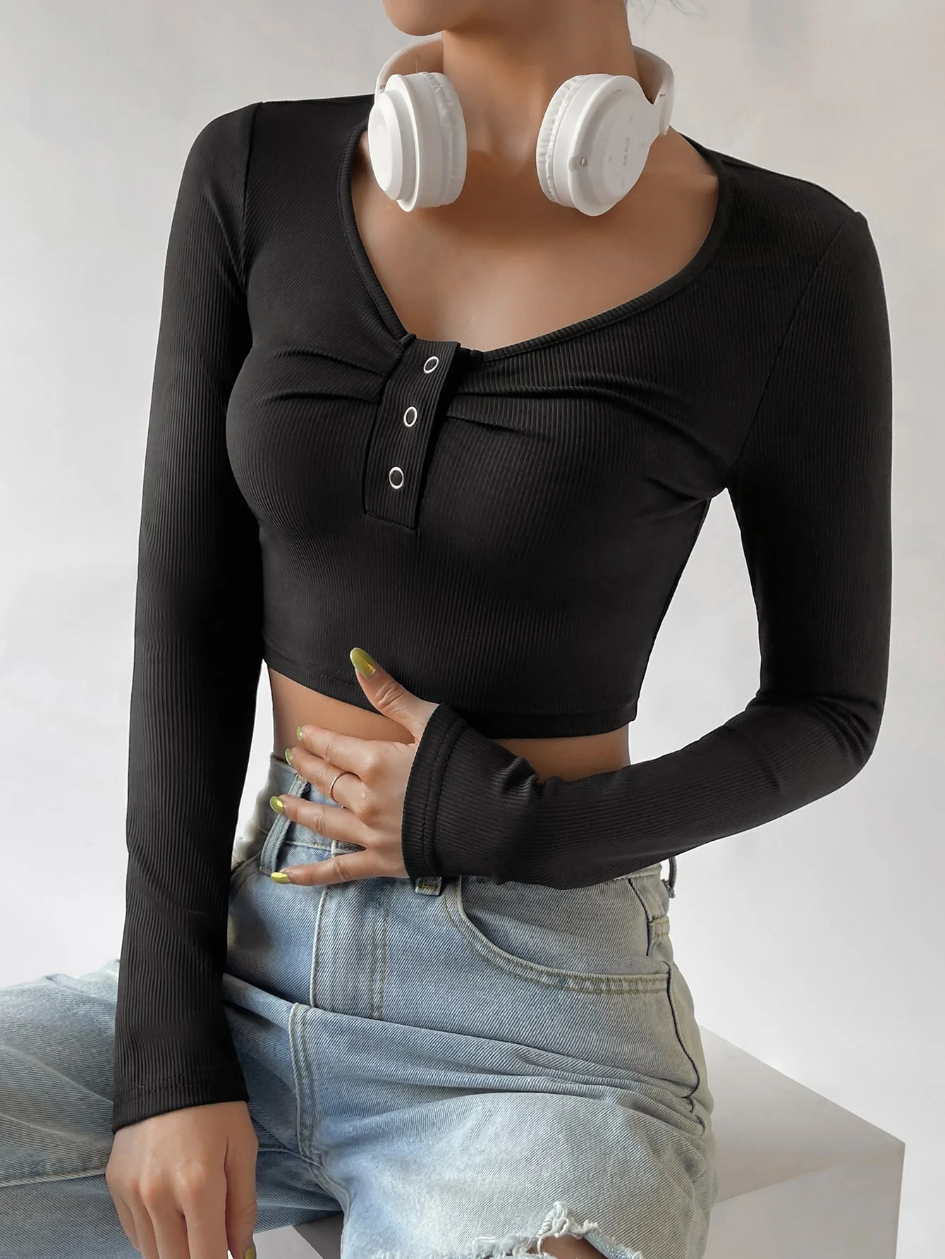 

Женская облегающая футболка с длинными рукавами, ультра-короткая футболка с высокой талией и пупком, сексуальный весенне-осенний базовый топ для горячих девушек