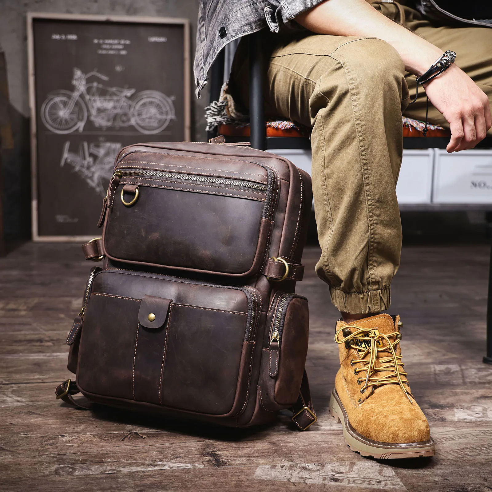 S.WORKER Vintage Echtleder-Rucksack Laptop-Tasche Casual Crazy-Horse-Leder Schultasche Outdoor-Reise-Weekender-Tasche – Detail 5