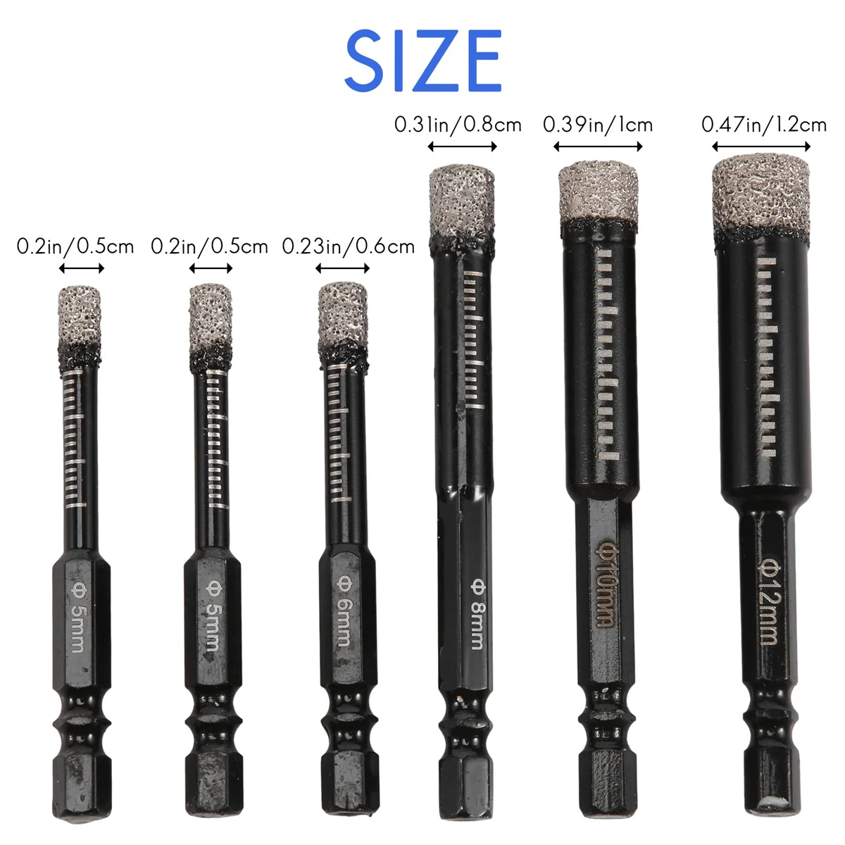6Pc Black Dry Diamond Drill Bits Set for Granite Ceramic Marble Tile Stone Glass Hard Materials 5/6/8/10/12mm