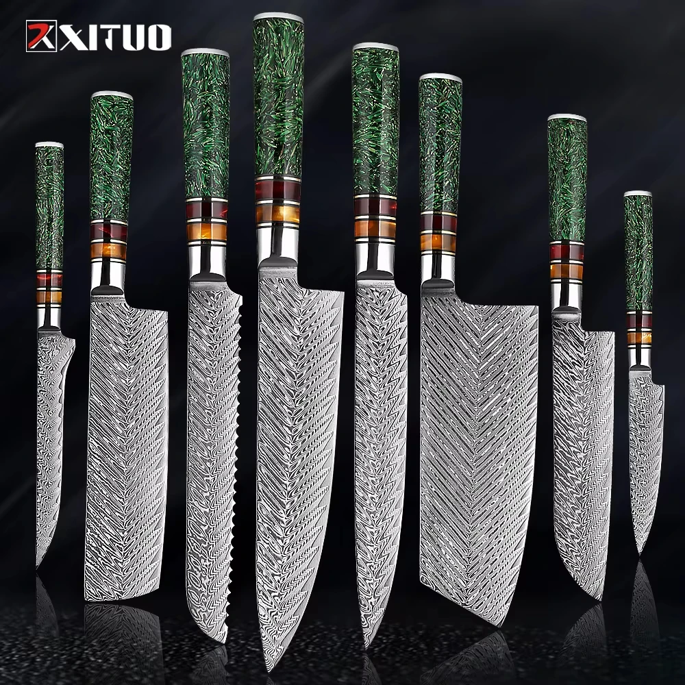 

XITUO 1-8 Piece 67 Layers Damascus Steel Kitchen Knives Sharp Cut Food Multipurpose Green Grain Shell Resin Handle Kitchen Knife