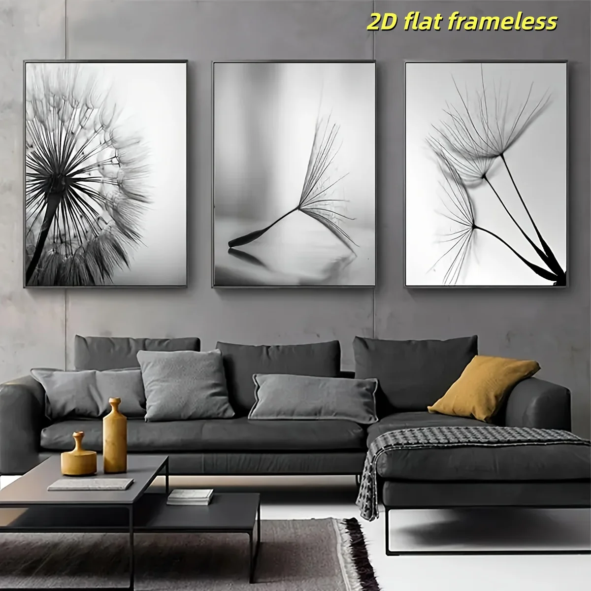 3 Black and White Dandelion Art Canvas Posters, Elegant Home Wall Decoration 2D Flat Printing Frameless Painting