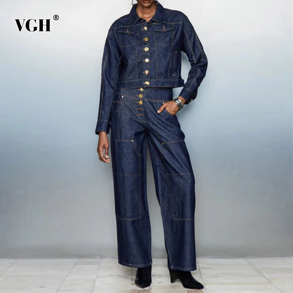 

VGH однотонные утягивающие джинсовые комплекты из трех предметов для женщин, топ с длинными рукавами и лацканами, брюки с высокой талией, короткая юбка, шикарный комплект, женская мода