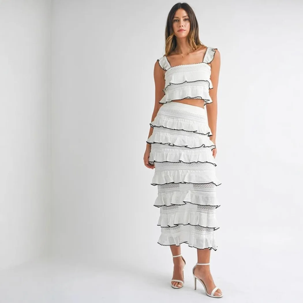 

Women's Gentle Design Ruffled Tiered Two-Piece Set, Puffy Tulle Skirt, Sleeveless Camisole