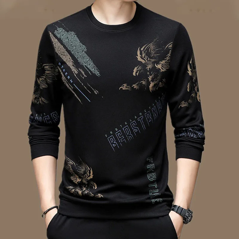 Spring Autumn New Male Clothes Trend Printed Round Neck Tops 2023 Fashionable Long Sleeve High Quality Luxury Men\'s T-shirt