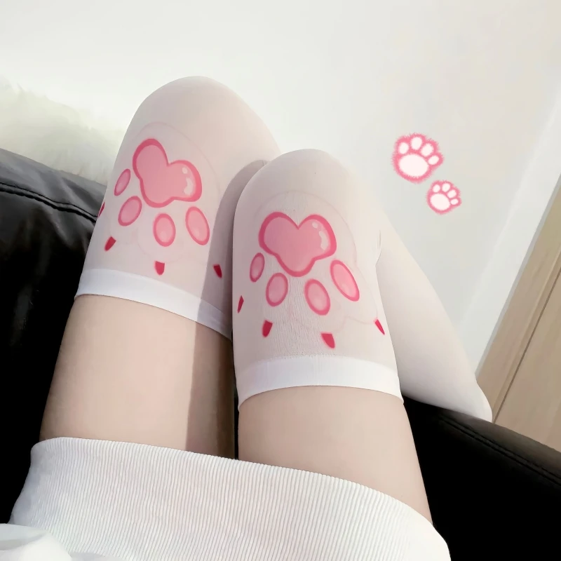 Cat Paw Thigh High Printed Stockings Sexy Cosplay Lingerie Lolita Over Knee Socks Ultra-thin JK Nylon Long Stockings For Girls