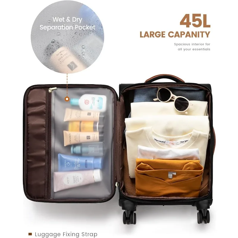 Carry On Luggage 22x14x9 Airline Approved, 20 Inch Softside Suitcases with Wheels, Lightweight Spinner Carry on Suitcase