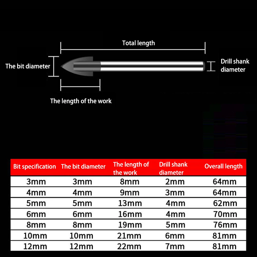 

3-12mm Glass Drill Bit Tungsten Carbide Tipped Ceramic Tile Cutter Round Shank Drill Bit Power Tools Accessories