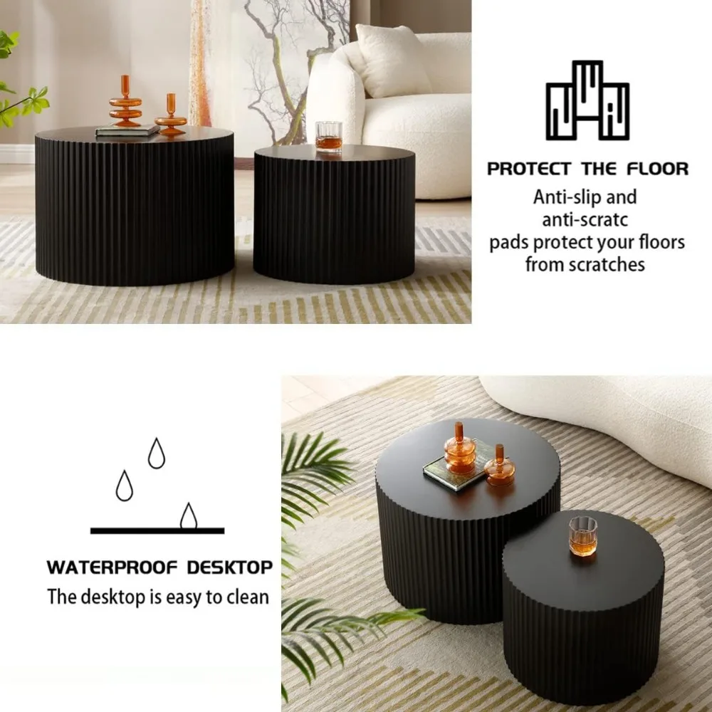 Modern coffee table, handcrafted relief 2 sets of circular nested tables, living room office desk end table black, coffee table