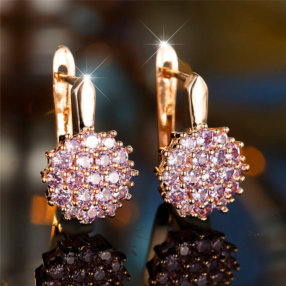 Cute Female Purple Zircon Stone Sunflower Hoop Earrings Fashion Gold Color Wedding Jewelry For Women
