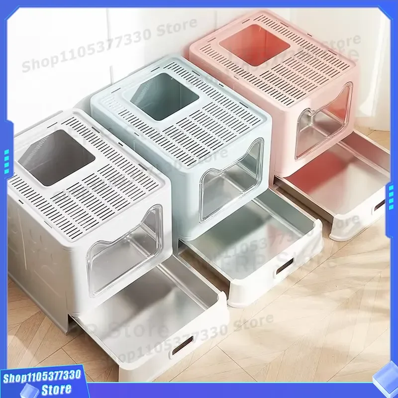 Large Foldable Cat Litter Box Fully Enclosed Splash Proof PP Plastic Drawer Basin Indoor Pet Furniture Wholesale Big Size