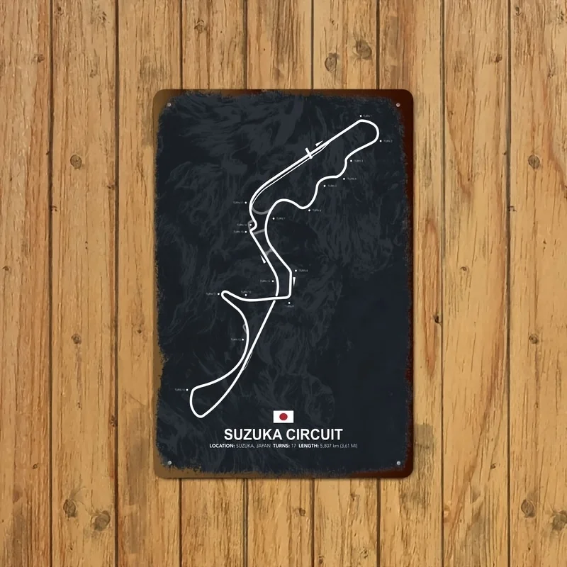 Suzuka Circuit Retro Metal Tinplate Wall Art - Classic Iron Racing Track Sign for Home, Bar, Cafe, Garage Decor