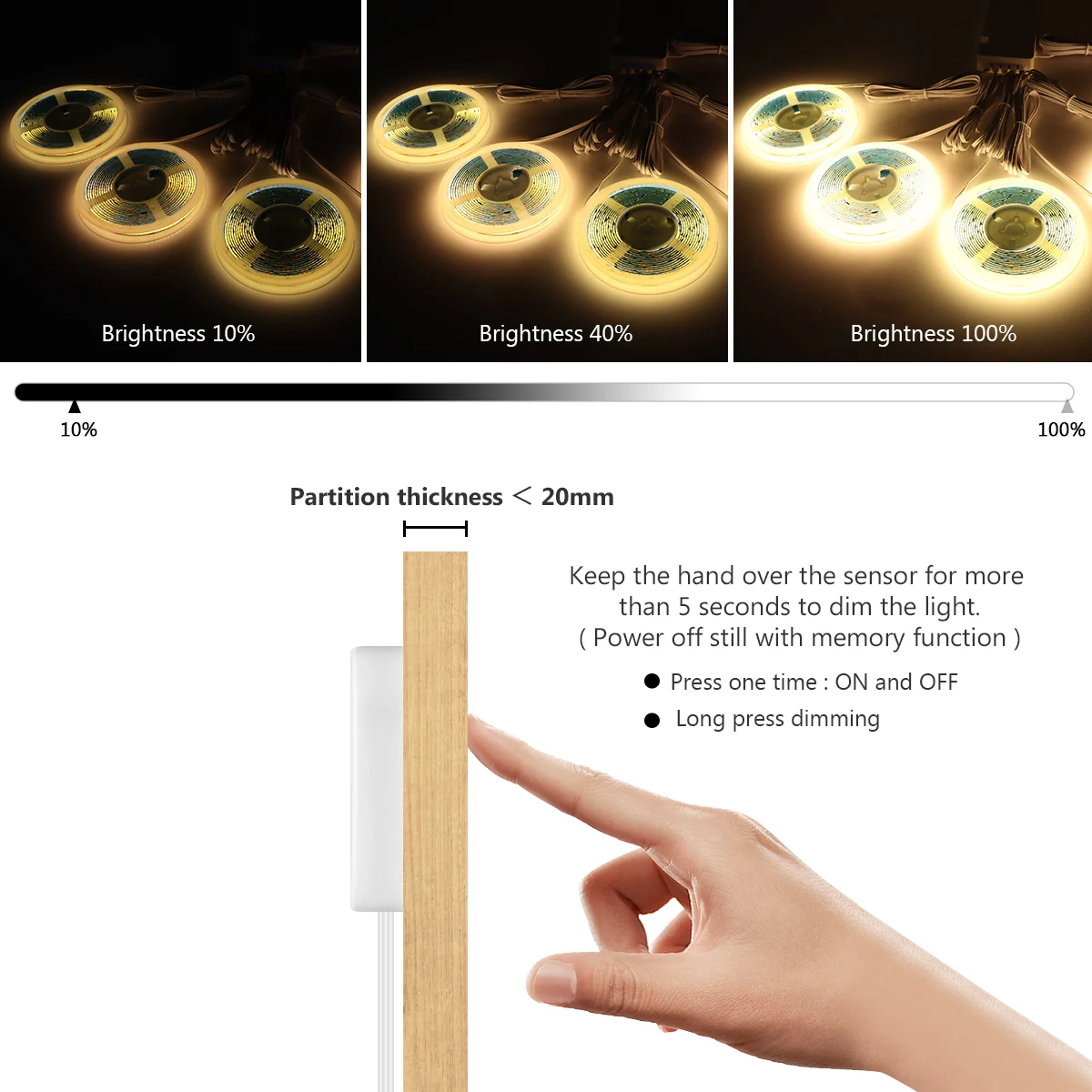 Imagem -05 - Cob Led Strip Light com Painel Penetrável de Madeira Sensor de Toque de Mão Alta Densidade Fita Flexível Lâmpada de Cozinha Regulável 320leds por m 16 Pcs