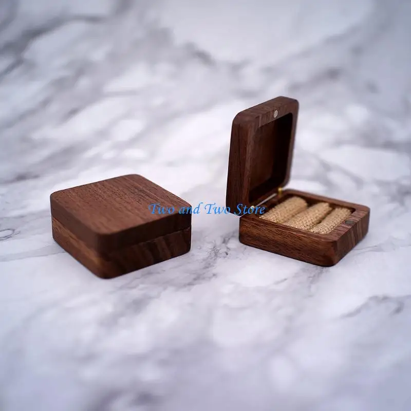 HX6F Rustic Walnut Engagement Ring Box Hinge Round Ring Box for Proposal Wedding Ring Storage Earring