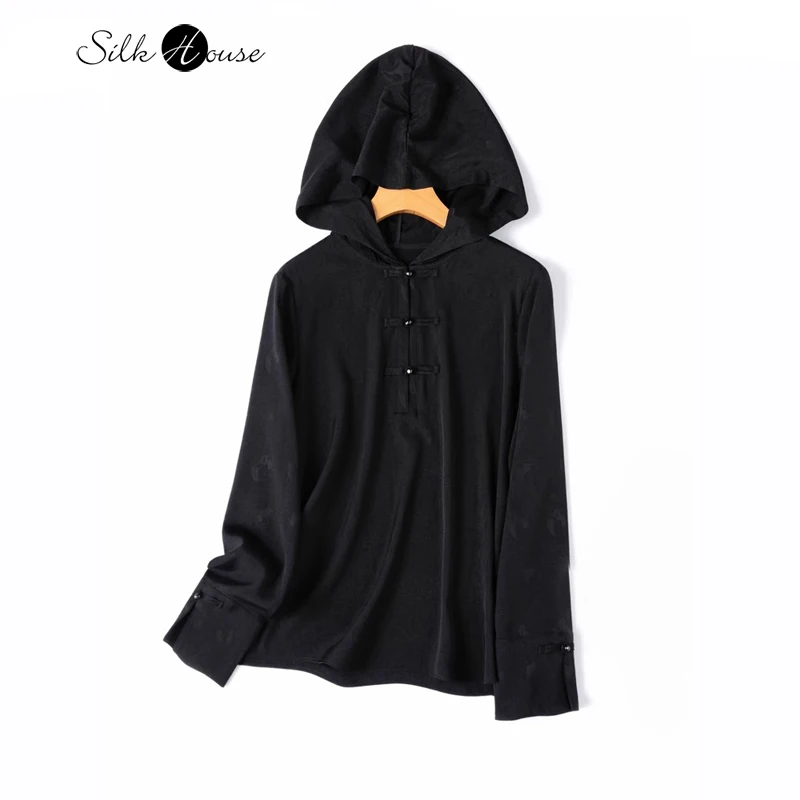 

21MM 93% Natural Mulberry Silk Elastic Jacquard SangBo Satin Hooded Long Sleeved Loose Women's Black Casual Pullover
