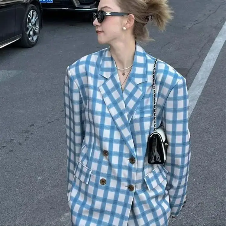 

Blazer Plaid Button Design Blue Casual Women'S Spring And Autumn Korean Style High-End Design Hong Kong Style Retro Suit Trend