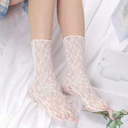 Japanese Kawaii Girls Cute Socks Lolita Sweet Women Mesh Fishnet Thin Retro Flower Lace Socks Ladies Hollow Transparent Socks