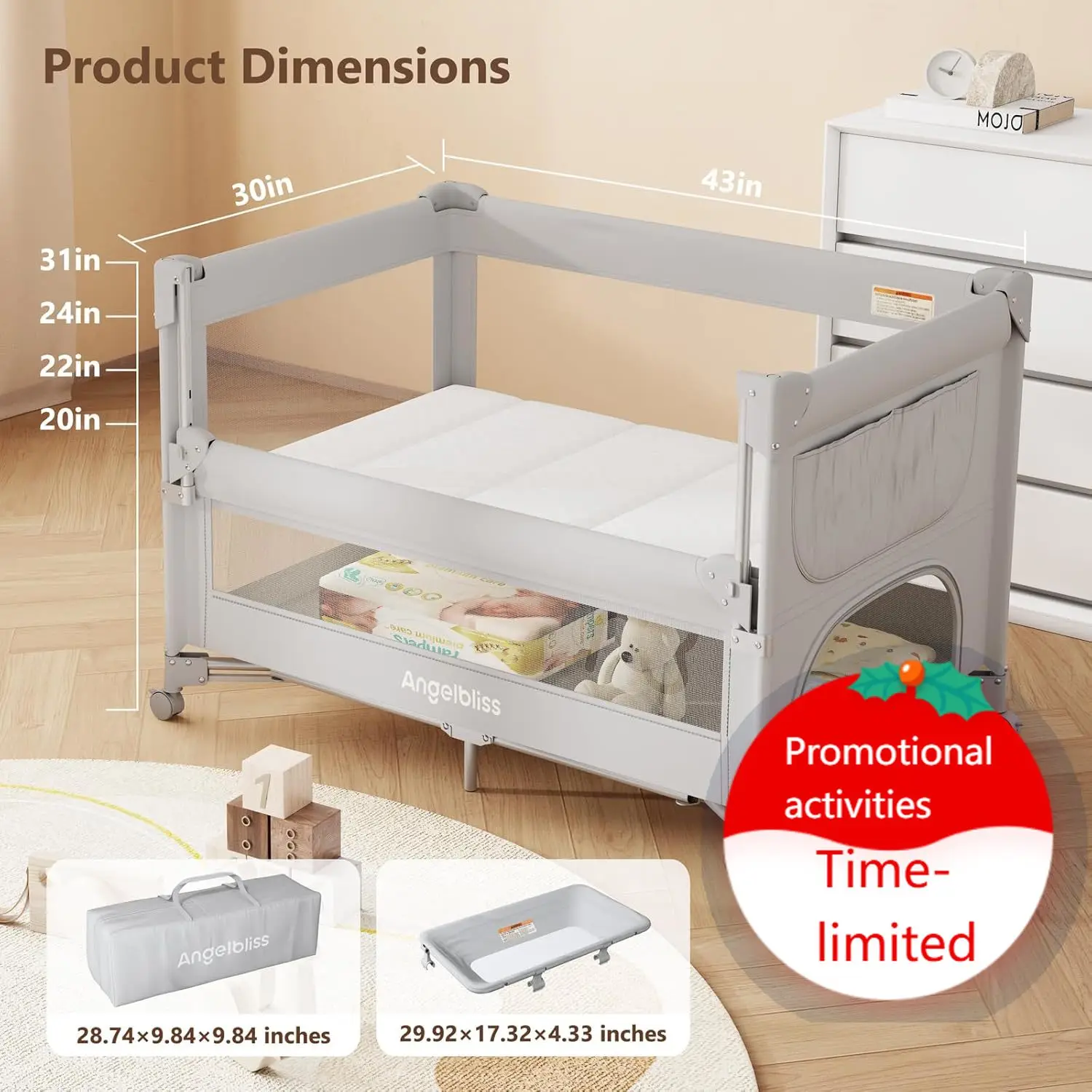 

Baby Bassinet Bedside Crib, Pack and Play with Mattress, Diaper Changer, One-Push Setup Playards from Infants to Toddlers (Grey)
