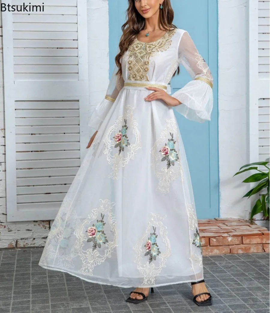 Neue 2025, Eid Muslimischen Party Kleid für Frauen Ramadan Abaya Stickerei Flare Hülse Langes Kleid mit Gürtel Vestidos Largos Dubai Robe