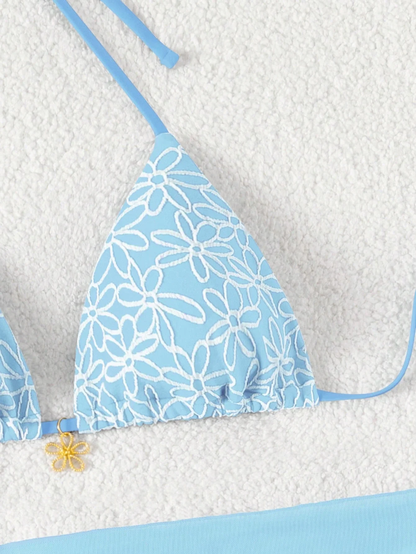 

3 Piece Beach Bikini Set With Floral Embroidery Halter Top Side Tie Bottoms And Mesh Skirt