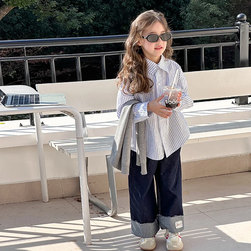 2026 Spring Autumn Children Girl Big Kids Casual Unisex Loose Jean Pants Stripe Shirt Top 2-18 Years Teenagers Toddler Outfit
