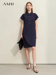 Amii Minimalism 2024 Summer New Dresses Shirt Collar Insert Shoulder Sleeve Straight Midi Stretch Solid Dress for Women 12422065