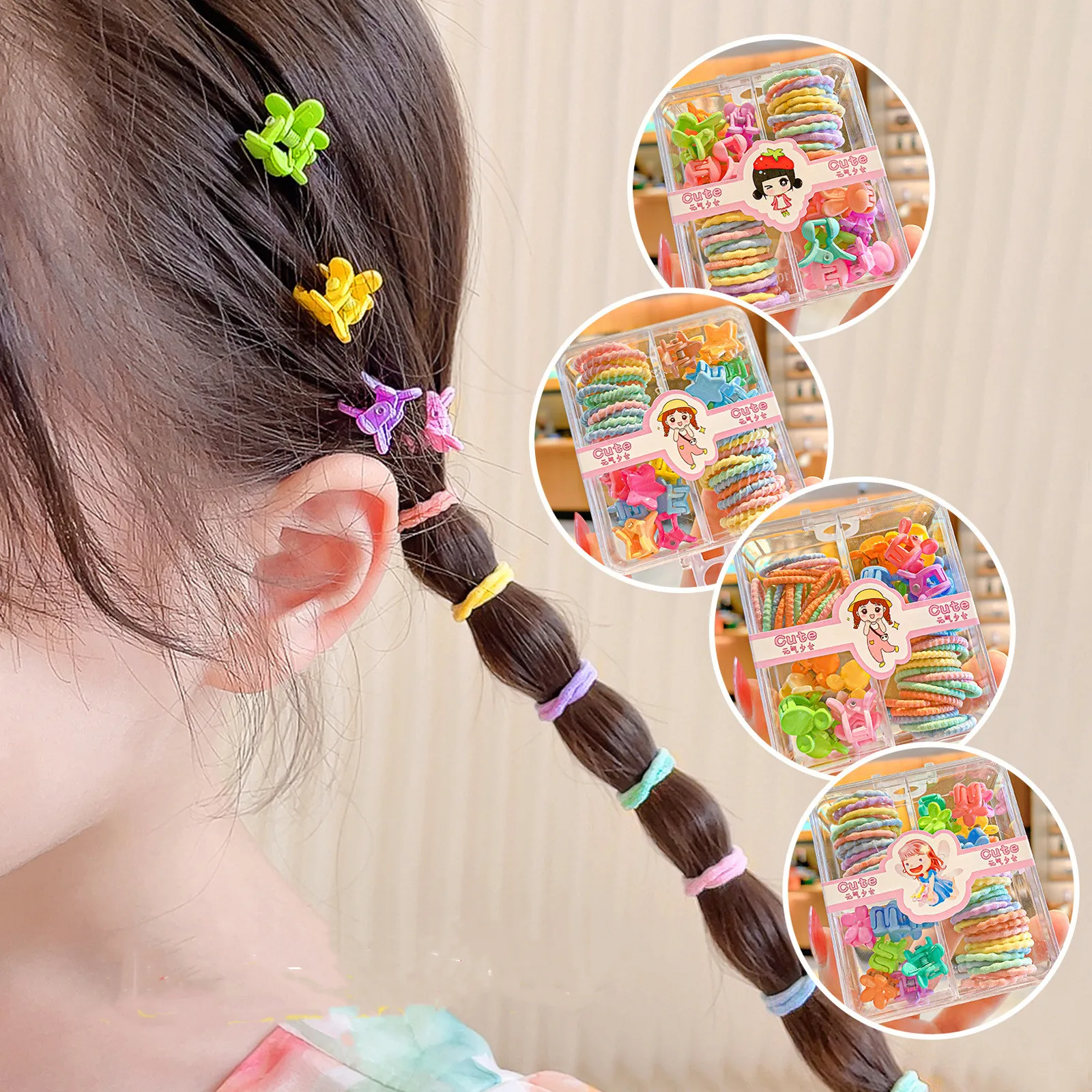 2023 New summer cute hair circle leather band hair clip small grab clip set children\'s high elastic small leather band princess