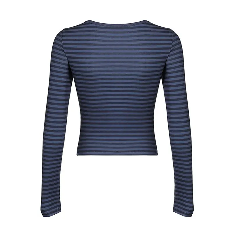 خريف جديد المرأة تي شيرت الشارع الشهير موضة مخطط طويل الأكمام س الرقبة زر عادية سليم تيز مثير سيدة تنوعا محبوك تيز #6