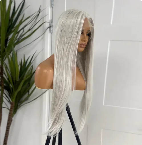 Platinum Blonde #60 Colored Straight Hair Frmetals Wig, Human Hair Blended Synthetic HD Lace Front Wig, 26 amaran Women 03 Use