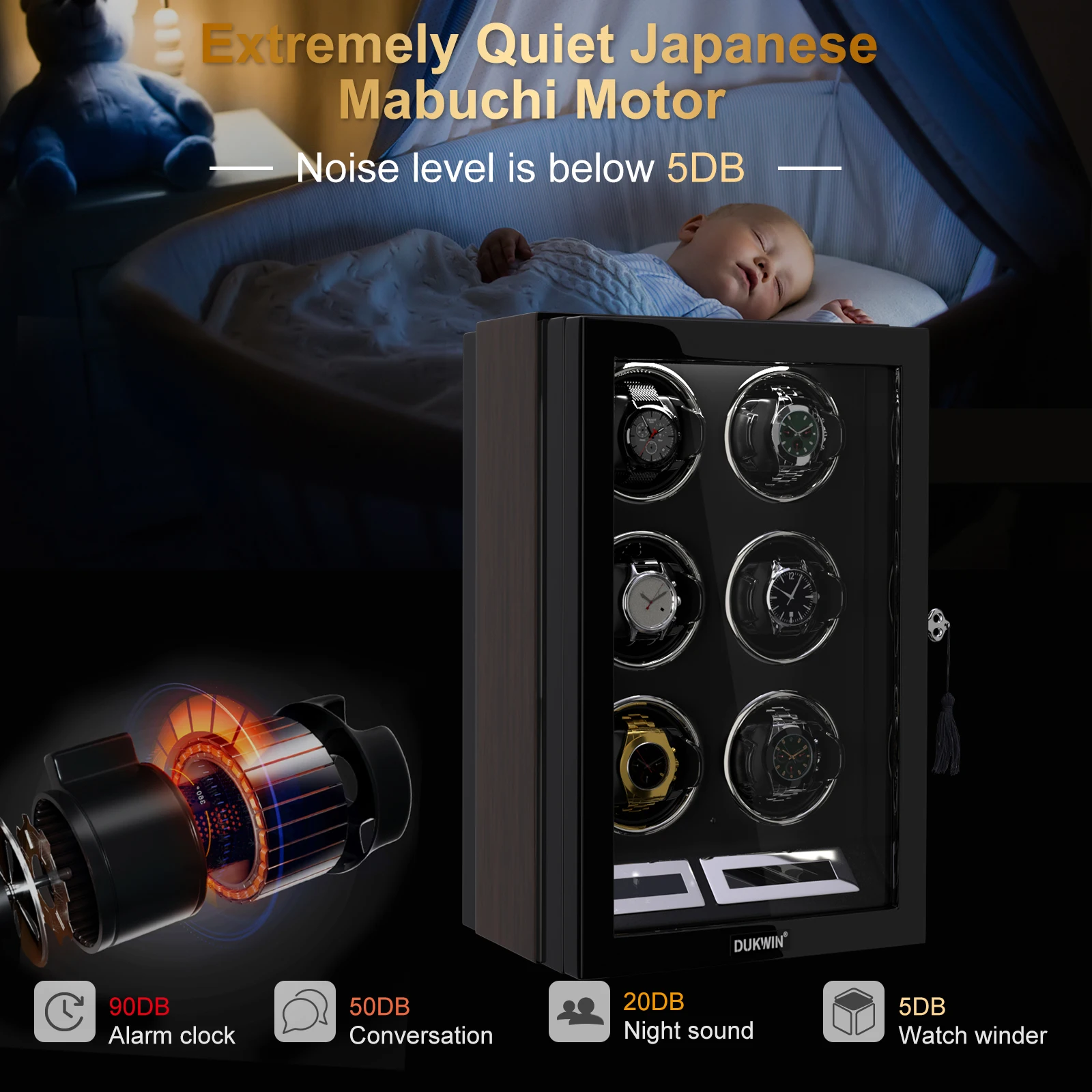 Kotak Winder jam tangan 6 Slot otomatis, jam tangan Winder hitam dengan lampu LED layar sentuh kendali jarak jauh