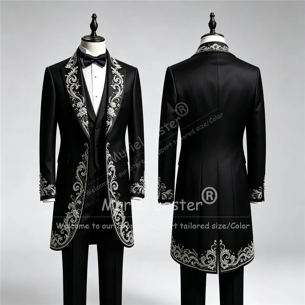Luxury Man Wedding Tuxedo Suits Long Customized Sparkly Crystals Beading Prom Blazer Vest Pants 3 Piece Sets Groom Wear Attire