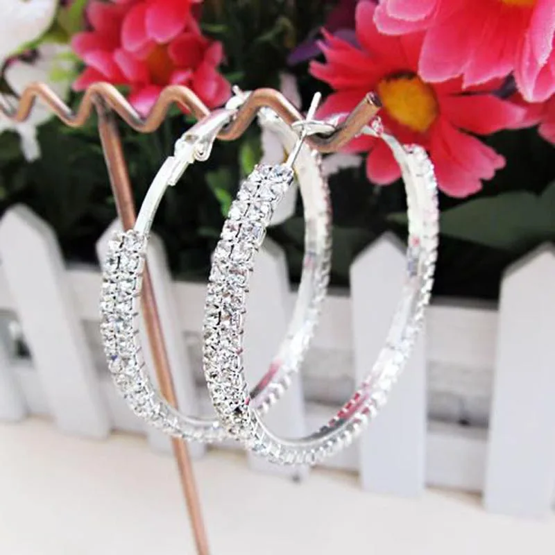 Sparkling Crystal Rhinestone Hoop Earrings for Women Silver Color Big Round Circle Statement Wedding Earrings Prom Gift