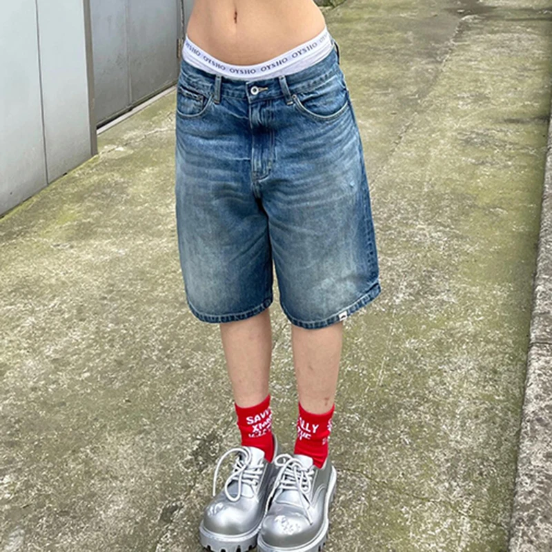 

PBAP Trendy Women Baggy Jean Shorts Whiskers Distressed High Waist Straight Wide Leg Bermuda Pants Vintage Skater Streetwear