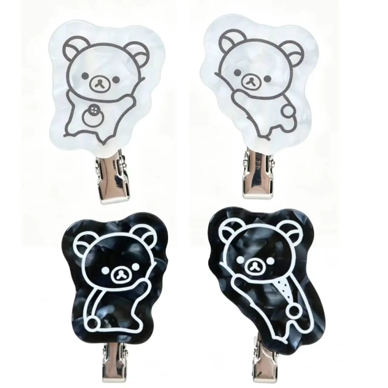 Cute Basic Rilakkuma Korilakkuma Monochrome Pearl Marble Black White Acrylic Hair Clip Set 2PCS Hair Pin Barrette Girls Gifts