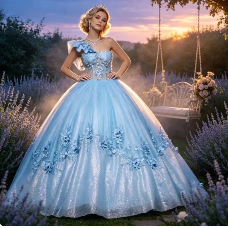 Customized Temperament Graceful Exquisite One Shoulder Quinceanera Dresses Sweetheart Lacing Up Tulle Fashion Charming Ball Gown