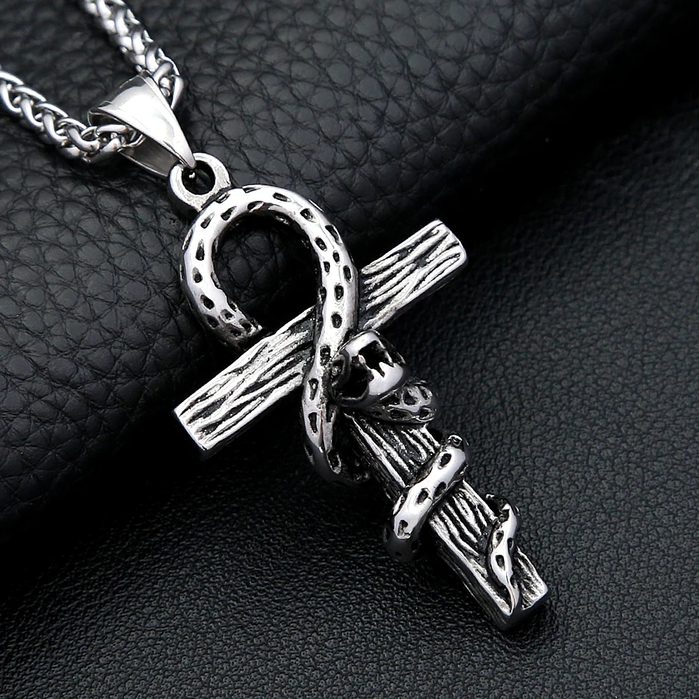 Vintage Punk Snake Cross Pendant Stainless Steel Anka Necklace For Men Women Fashion Unique Amulet Jewelry Gifts Dropshipping