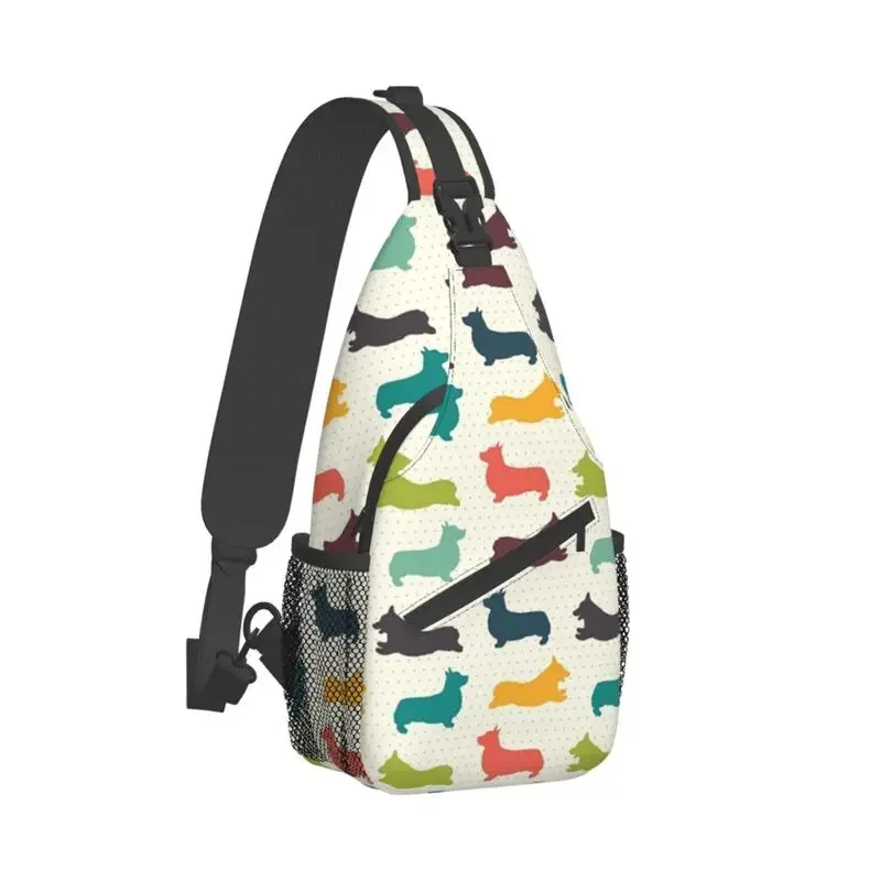 Custom Cute Multicolor Corgi Pattern Sling Bags Men Cool Puppy Dog Shoulder Crossbody Chest Backpack Cycling Camping Daypack