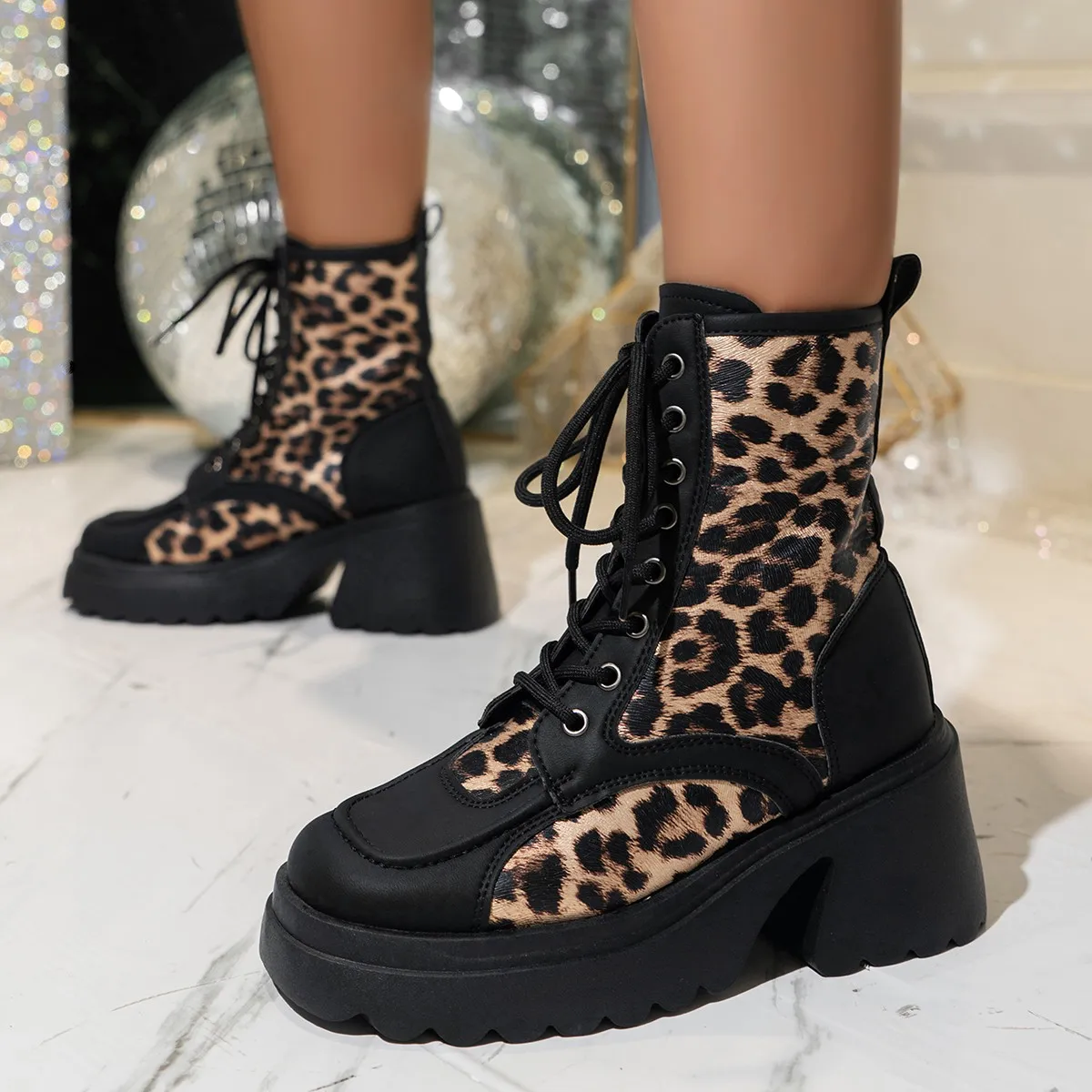 2024 New Women Ankle Boots Autumn Winter Leopard Print Platform Women Punk Boots Thick Sole Lace Up Combat Booties Female Mujer