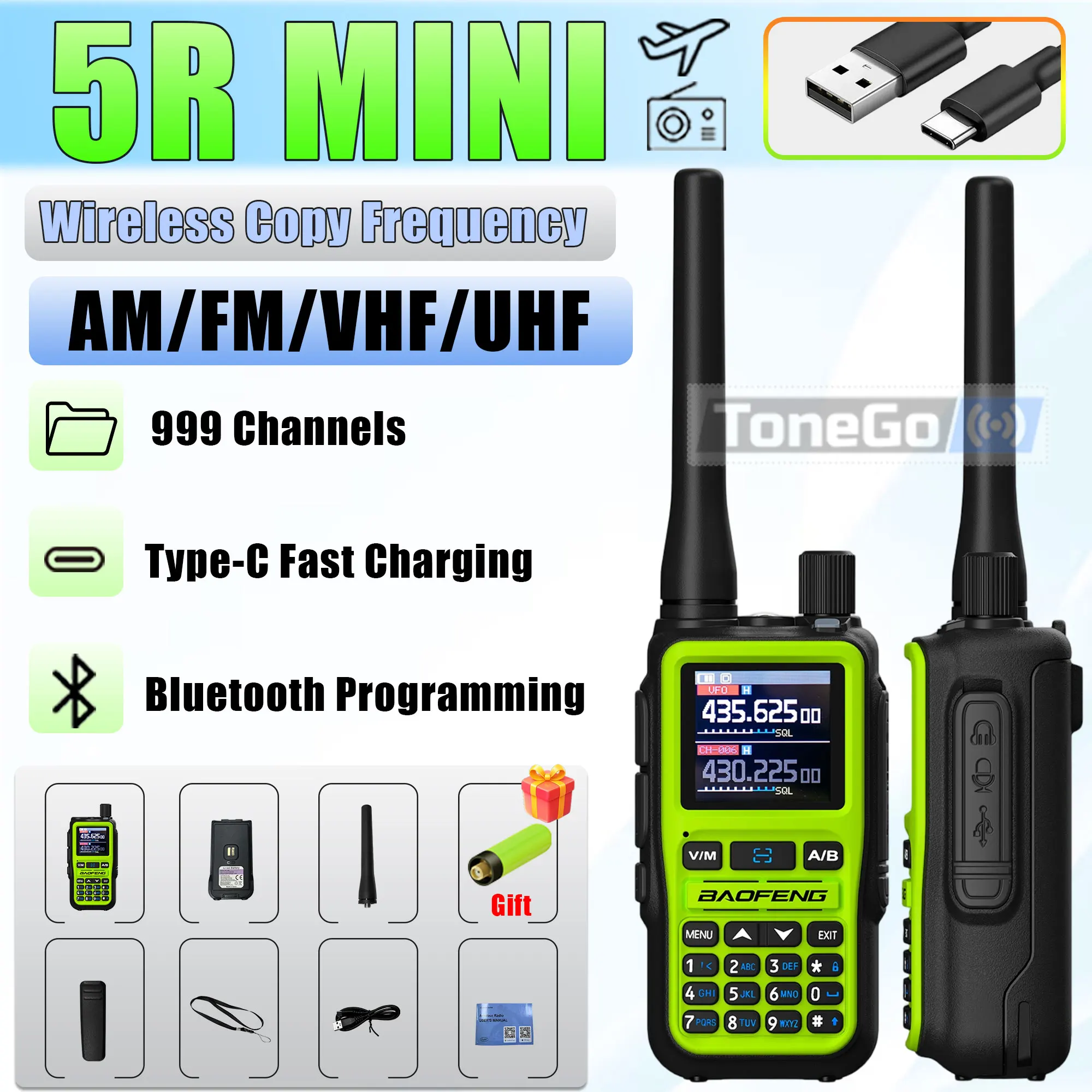 Baofeng UV-5R Mini Walkie Talkie Bluetooth Programming 999CH Wireless Copy Multi Band Type-C Charge Two Way Radio For Hunting