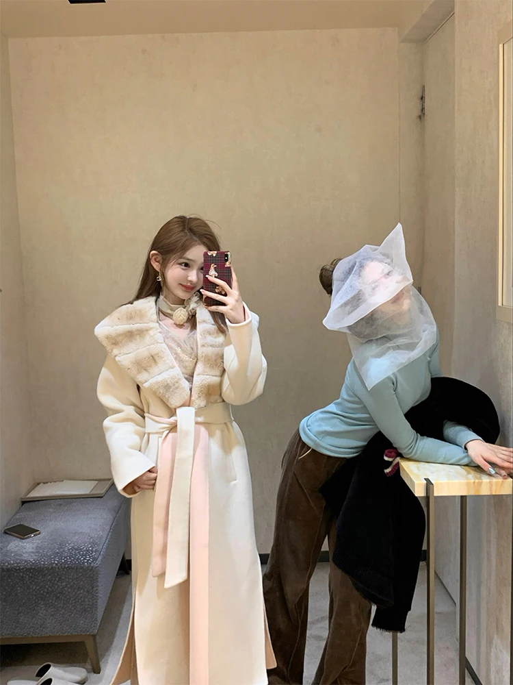 Doggyqin 한정판 오사카 럭셔리 여성/토끼 모피 칼라 100% 울 양면 모직 코트 투톤 모직 자켓 