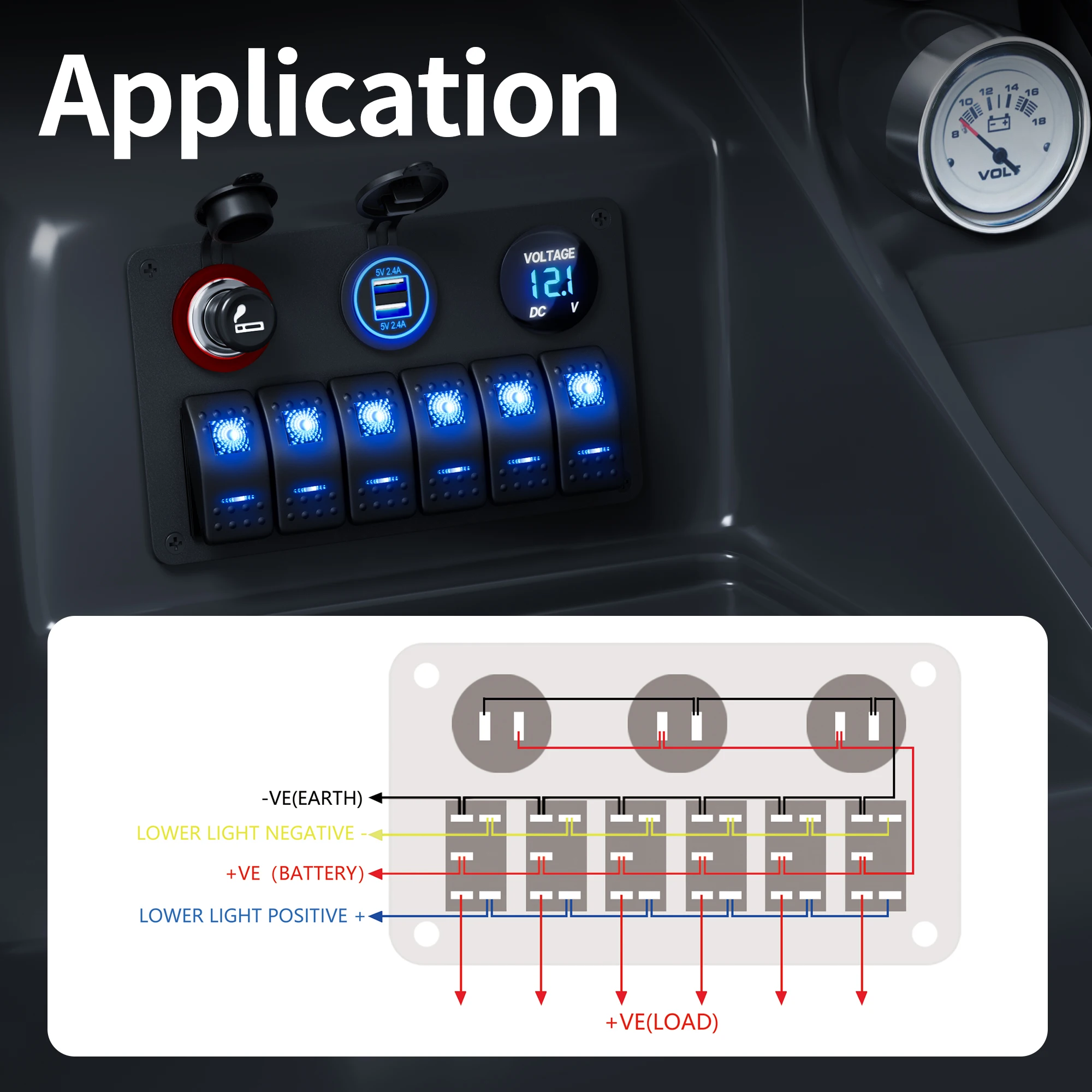6 عصابة البحرية لوحة التبديل قارب لوحة التبديل مقاوم للماء 12 فولت لوحة مفتاح متأرجح LED مضاءة مع USB مقبس السجائر الفولتميتر #6