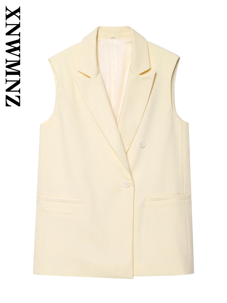 

XNWMNZ 2025 Summer Woman Fashion Commuting Sleeveless Double-breasted Gilet Chic Vintage Woman's khaki Notched Collar Casual Top