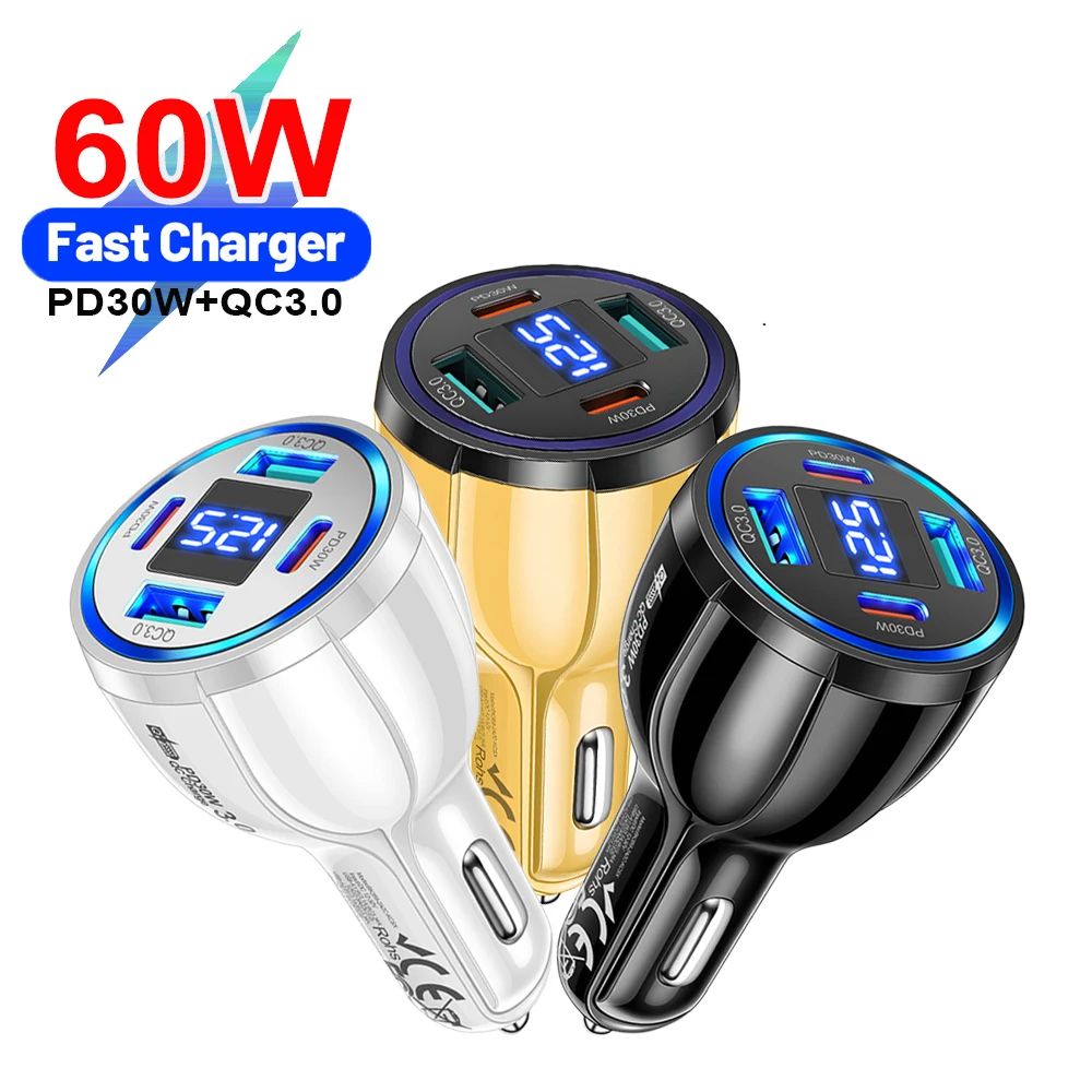 

60W Max 4 Ports PD30W Phone Charger Fast Charging with QC3.0 USB Port Digital Voltage Display Power Adapter For Phone/Pad